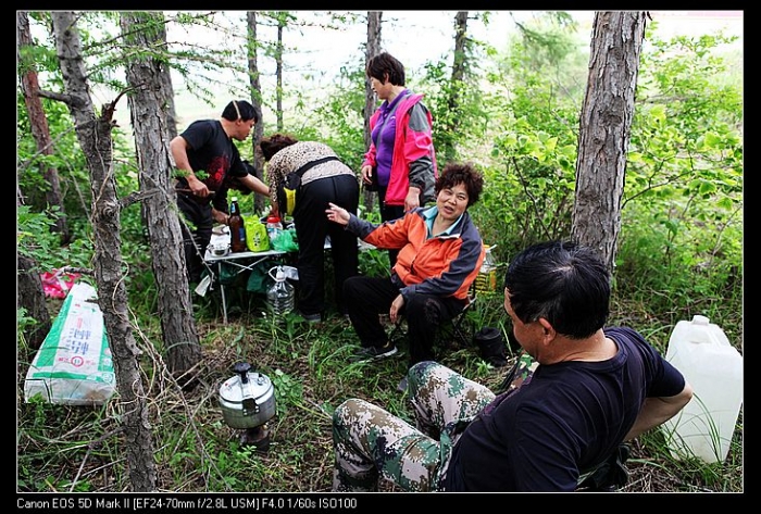 离哈尔滨还有一百五十公里的路边树林做午饭呢